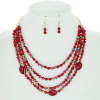 4 LINE MULTISTRANDED MIXED GLASS BEAD NECKLACE EARRING SET