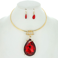 TEARDROP GEMSTONE PENDANT CHOKER NECKLACE EARRING SET WITH PAVE RHINESTONE ACCENT
