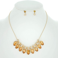 GOLD TONE TEARDROP CRYSTAL GEMSTONES BIB NECKLACE EARRINGS SET