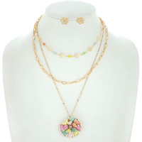 3 LINE CHAIN MULTISTRANDED LAYERED NECKLACE EARRING SET  WITH LARGE ENAMEL FLOWER PENDANT