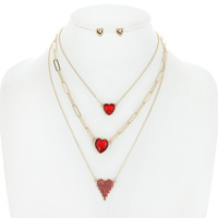 3 LINE MULTISTRANDED LAYERED CHAIN CRYSTAL GEMSTONES PAVE RHINESTONE HEARTS NECKLACE EARRING SET
