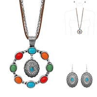 CIRCULAR TURQUOISE OPEN  CONCHO CHARM PENDANT CHAIN SUEDE NECKLACE AND EARRING SET