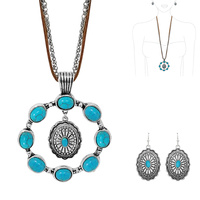 CIRCULAR TURQUOISE OPEN  CONCHO CHARM PENDANT CHAIN SUEDE NECKLACE AND EARRING SET