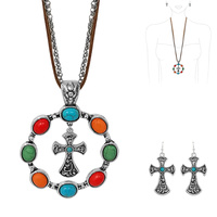 CIRCULAR TURQUOISE OPEN  CROSS CHARM PENDANT CHAIN SUEDE NECKLACE AND EARRING SET