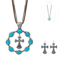 CIRCULAR TURQUOISE OPEN  CROSS CHARM PENDANT CHAIN SUEDE NECKLACE AND EARRING SET