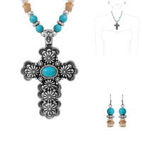 SQUASH BLOSSOM SEMI STONE TURQUOISE RAW QUARTZ MULTI BEAD PENDANT NECKLACE EARRING SET
