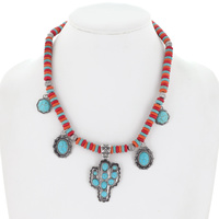 WESTERN CACTUS TURQUOISE CLUSTER  BEAD MIX CHARM PENDANT NECKLACE