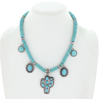 WESTERN CACTUS TURQUOISE CLUSTER  BEAD MIX CHARM PENDANT NECKLACE