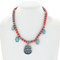 WESTERN CONCHO TURQUOISE CLUSTER  BEAD MIX CHARM PENDANT NECKLACE
