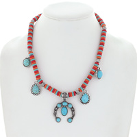 WESTERN SQUASH BLOSSOM TURQUOISE CLUSTER  BEAD MIX CHARM PENDANT NECKLACE