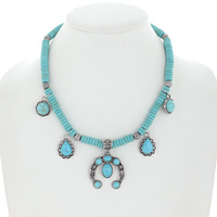 WESTERN SQUASH BLOSSOM TURQUOISE CLUSTER  BEAD MIX CHARM PENDANT NECKLACE