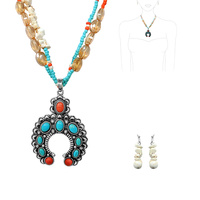 TURQUOISE MULTI-STONE SQUASH BLOSSOM 2 LINE LAYERED NECKLACE EARRING SET WESTERN NATIVE AMERICAN BOHO JEWELRY