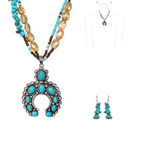 TURQUOISE MULTI-STONE SQUASH BLOSSOM 2 LINE LAYERED NECKLACE EARRING SET WESTERN NATIVE AMERICAN BOHO JEWELRY
