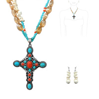 TURQUOISE MULTI-STONE CROSS 2 LINE LAYERED NECKLACE EARRING SET WESTERN NATIVE AMERICAN BOHO JEWELRY