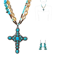 TURQUOISE MULTI-STONE CROSS 2 LINE LAYERED NECKLACE EARRING SET WESTERN NATIVE AMERICAN BOHO JEWELRY