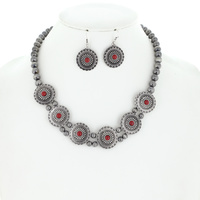 NAVAJO PEARL SEMI-STONE OXIDIZED METAL ADJUSTABLE STARBURST CONCHO NECKLACE EARRING SET - SOUTHWESTERN JEWELRY