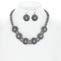 NAVAJO PEARL SEMI-STONE OXIDIZED METAL ADJUSTABLE STARBURST CONCHO NECKLACE EARRING SET - SOUTHWESTERN JEWELRY