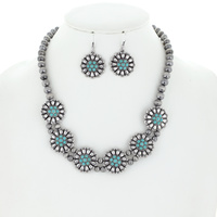 NAVAJO PEARL SEMI-STONE OXIDIZED METAL ADJUSTABLE FLOWER CONCHO NECKLACE EARRING SET - SOUTHWESTERN JEWELRY