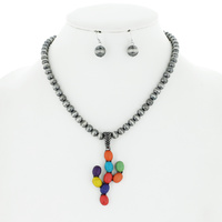 WESTERN STYLE SEMI STONE CACTUS  NAVAJO PEARL BEADED ADJUSTABLE NECKLACE EARRING SET IN SILVER TONE METAL