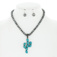 WESTERN STYLE SEMI STONE CACTUS  NAVAJO PEARL BEADED ADJUSTABLE NECKLACE EARRING SET IN SILVER TONE METAL