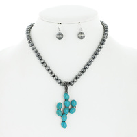 WESTERN STYLE SEMI STONE CACTUS  NAVAJO PEARL BEADED ADJUSTABLE NECKLACE EARRING SET IN SILVER TONE METAL