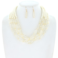 5-LINE MULTISTRAND ACRYLIC & GLASS BEAD MIX LAYERED NECKLACE EARRING SET