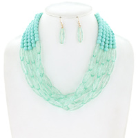 5-LINE MULTISTRAND ACRYLIC & GLASS BEAD MIX LAYERED NECKLACE EARRING SET