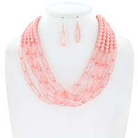 5-LINE MULTISTRAND ACRYLIC & GLASS BEAD MIX LAYERED NECKLACE EARRING SET
