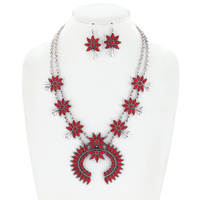 WESTERN STYLE NECKLACE EARRING SET - SEMI-STONE SQUASH BLOSSOM  2 LINE DOUBLE LAYER ADJUSTABLE NECKLACE