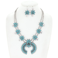 WESTERN STYLE NECKLACE EARRING SET - SEMI-STONE SQUASH BLOSSOM  2 LINE DOUBLE LAYER ADJUSTABLE NECKLACE