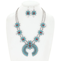 WESTERN STYLE NECKLACE EARRING SET - SEMI-STONE SQUASH BLOSSOM  2 LINE DOUBLE LAYER ADJUSTABLE NECKLACE