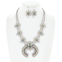 WESTERN STYLE NECKLACE EARRING SET - SEMI-STONE SQUASH BLOSSOM  2 LINE DOUBLE LAYER ADJUSTABLE NECKLACE