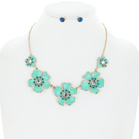 STATEMENT METAL ENAMEL FLORAL NECKLACE AND CRYSTAL POST EARRINGS SET IN GOLD TONE METAL