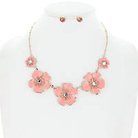 STATEMENT METAL ENAMEL FLORAL NECKLACE AND CRYSTAL POST EARRINGS SET IN GOLD TONE METAL