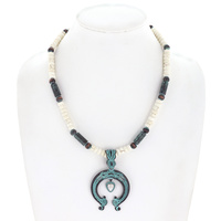 WESTERN STYLE NAVAJO PEARL BEADED TURQUOISE SQUASH BLOSSOM NECKLACE