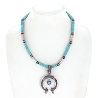 WESTERN STYLE NAVAJO PEARL BEADED TURQUOISE SQUASH BLOSSOM NECKLACE