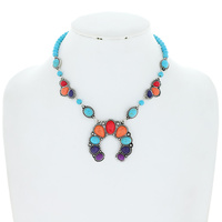 WESTERN TURQUOISE STONE SQUASH BLOSSOM ADJUSTABLE BEADED NECKLACE