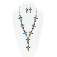 VINTAGE WESTERN STYLE SEMI-STONE TURQUOISE CROSS LARIAT ADJUSTABLE NECKLACE EARRING SET