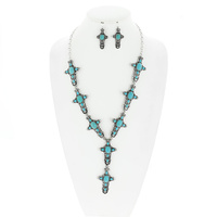 VINTAGE WESTERN STYLE SEMI-STONE TURQUOISE CROSS LARIAT ADJUSTABLE NECKLACE EARRING SET