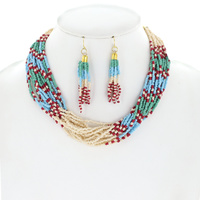 NATIVE AMERICAN STYLE STATEMENT SEED BEAD MULTICOLOR BEADED NECKLACE EARRING SET