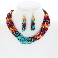 NATIVE AMERICAN STYLE STATEMENT SEED BEAD MULTICOLOR BEADED NECKLACE EARRING SET