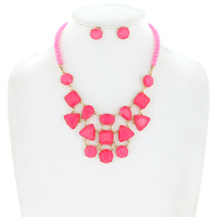RESIN BEAD & GEMSTONE STATEMENT BIB NECKLACE EARRING SET