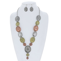 WESTERN CONCHO LARIAT ADJUSTABLE NECKLACE EARRINGS SET