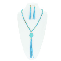 WESTERN RAW TURQUOISE  SUEDE TASSEL BEADED LARIAT NECKLACE EARRINGS SET