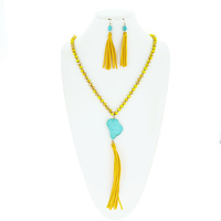 WESTERN RAW TURQUOISE  SUEDE TASSEL BEADED LARIAT NECKLACE EARRINGS SET
