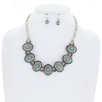 WESTERN CONCHO TQ STONE NECKLACE SET 16"+3"EXT
