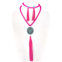 WESTERN BEADED TURQUOISE SQUASH BLOSSOM SUEDE FRINGE PENDANT NECKLACE EARRING SET