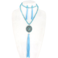 WESTERN BEADED TURQUOISE SQUASH BLOSSOM SUEDE FRINGE PENDANT NECKLACE EARRING SET