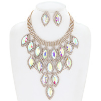 CRYSTAL RHINESTONE PAVE GEM CLUSTER BIB NECKLACE EARRING SET