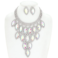 CRYSTAL RHINESTONE PAVE GEM CLUSTER BIB NECKLACE EARRING SET